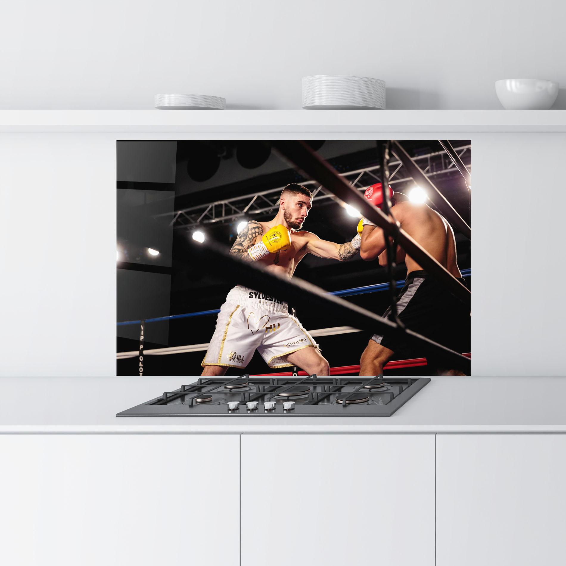 Küchenrückwand Glas Yellow Gloves mockup 9