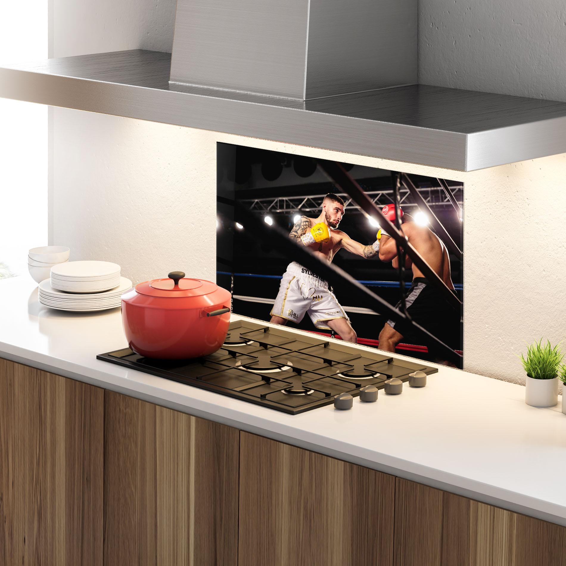 Küchenrückwand Glas Yellow Gloves mockup 4