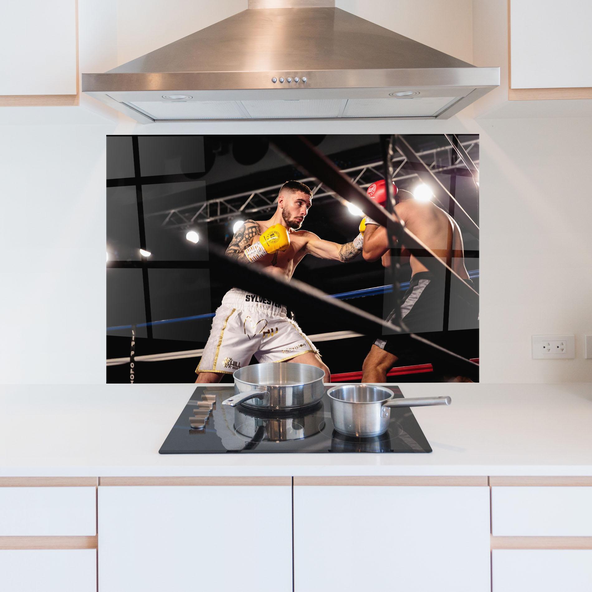 Küchenrückwand Glas Yellow Gloves mockup 5