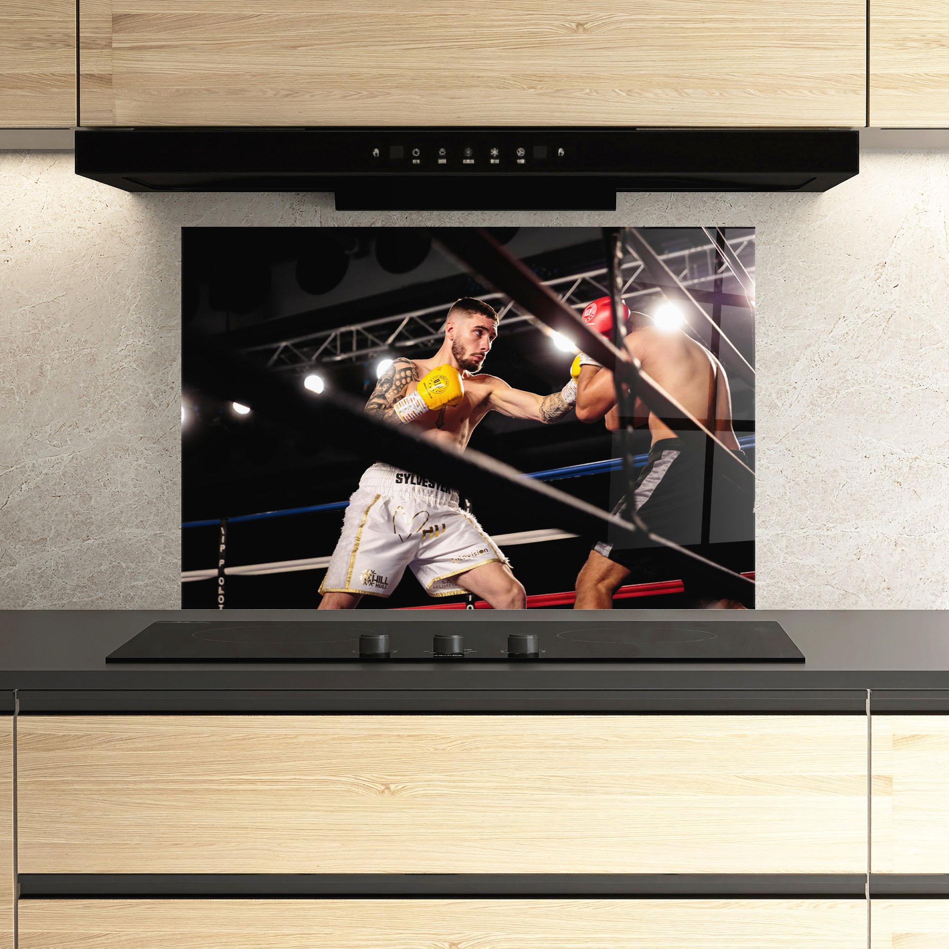 Küchenrückwand Glas Yellow Gloves mockup 3