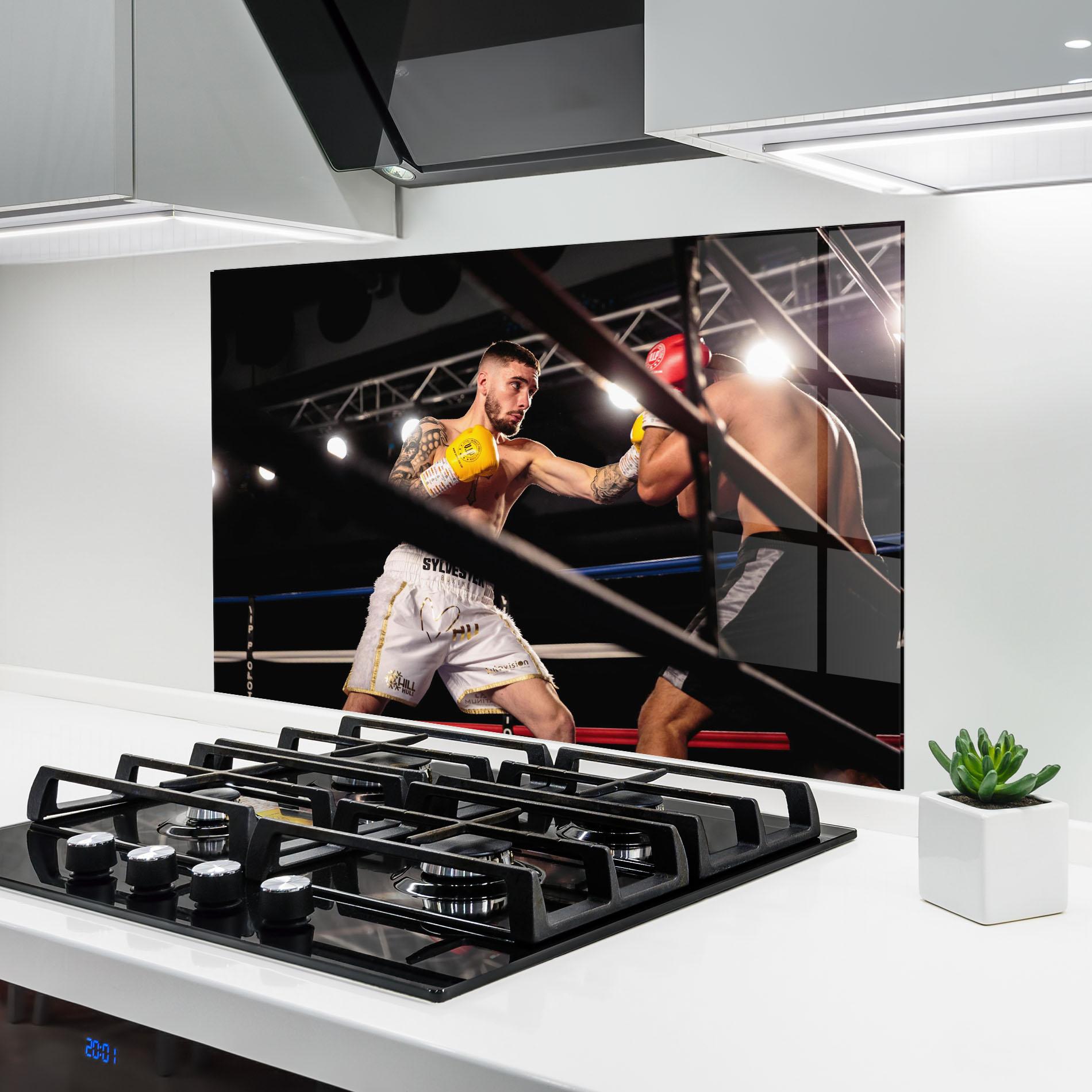 Küchenrückwand Glas Yellow Gloves mockup 6