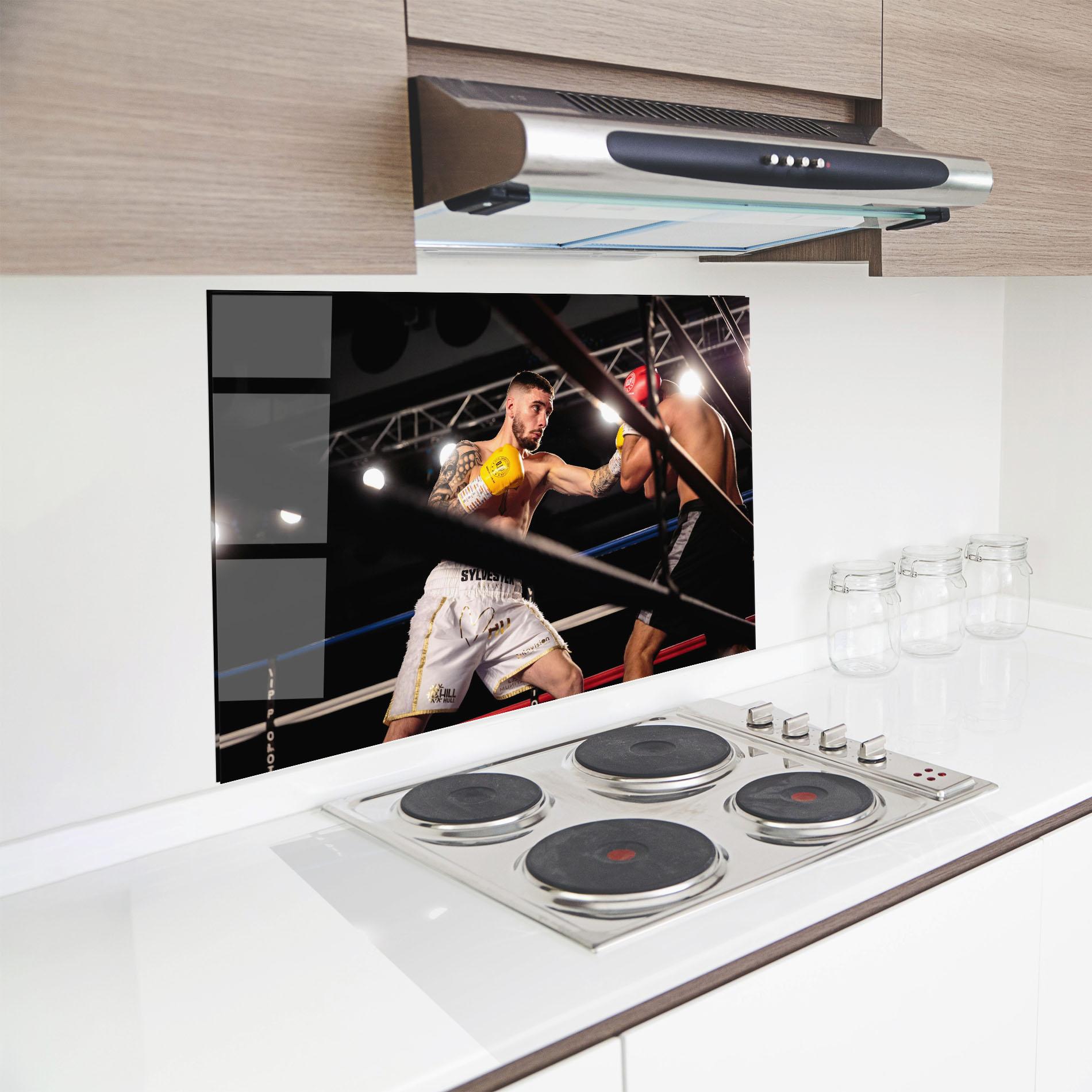 Küchenrückwand Glas Yellow Gloves mockup 8