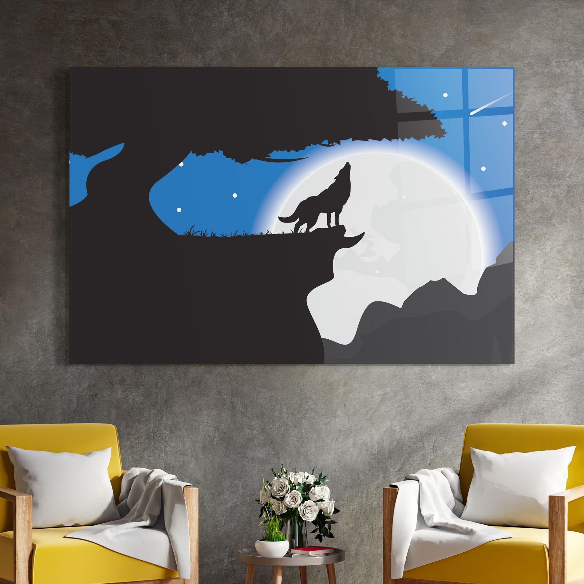 Glasbild Blue Light Wolf mockup 4