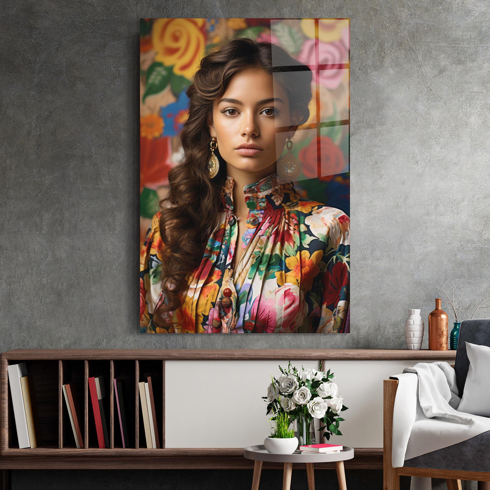 Glasbild Floral Dress Long Hair mockup 2