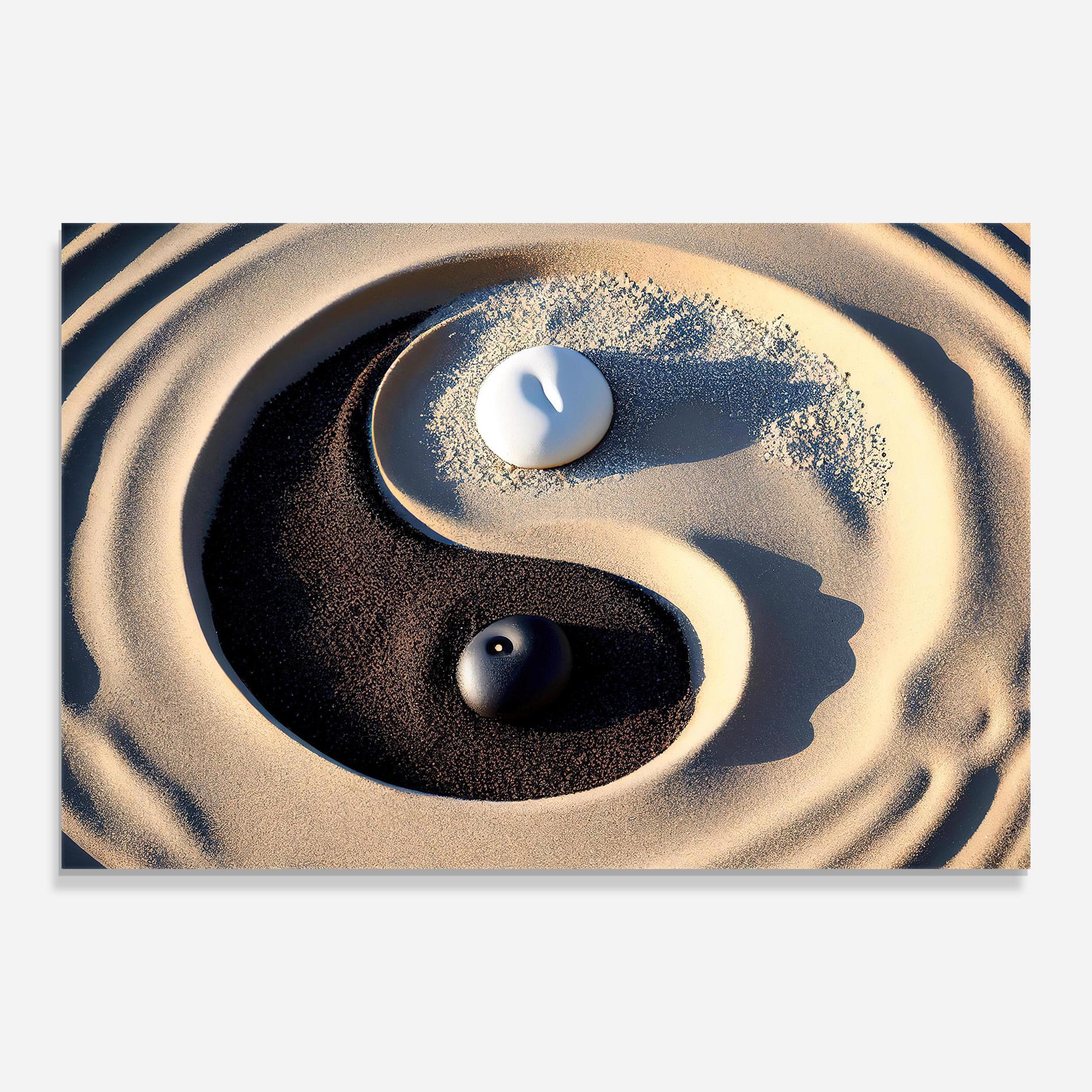 Glasbild Black Sand Yinyang mockup 0