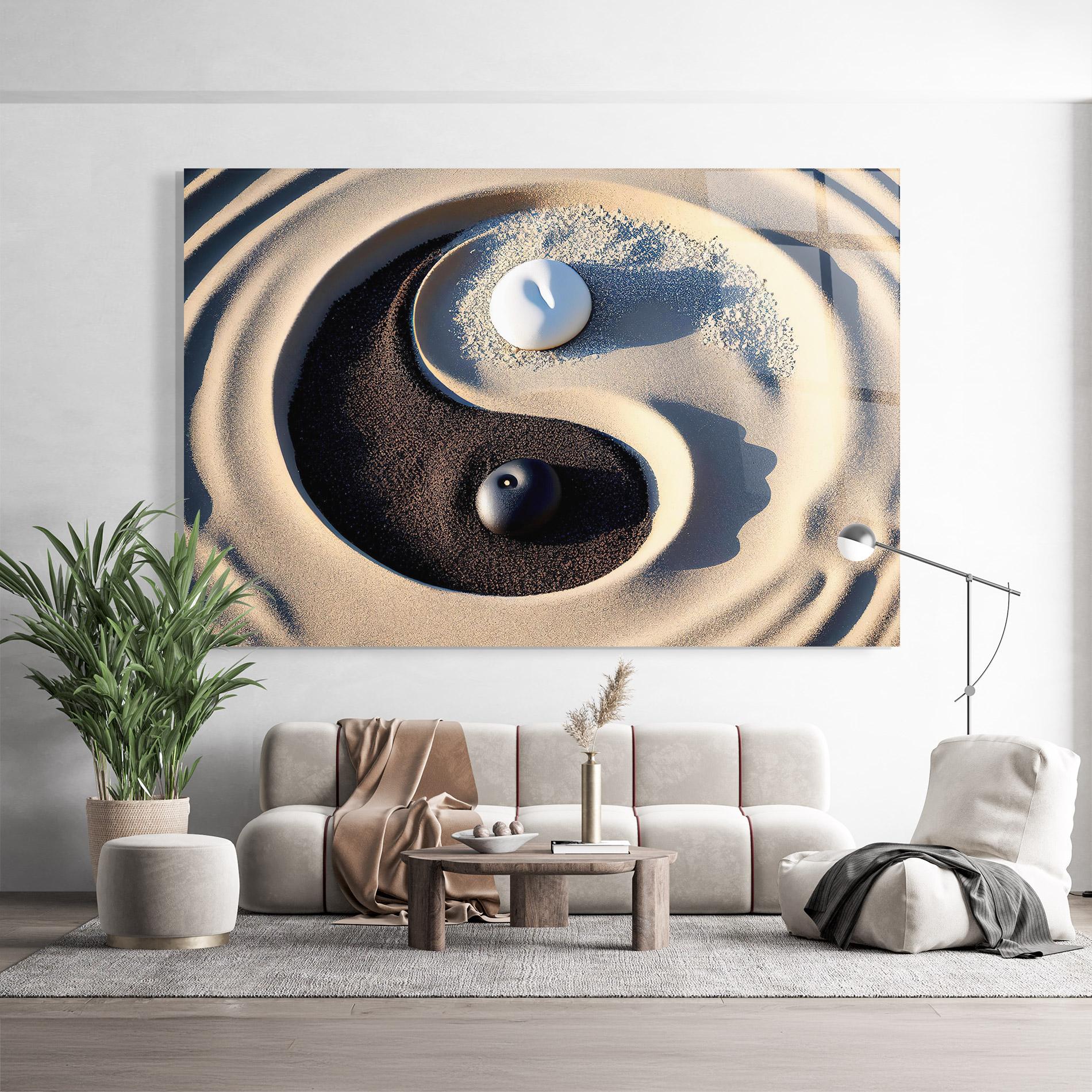 Glasbild Black Sand Yinyang mockup 9