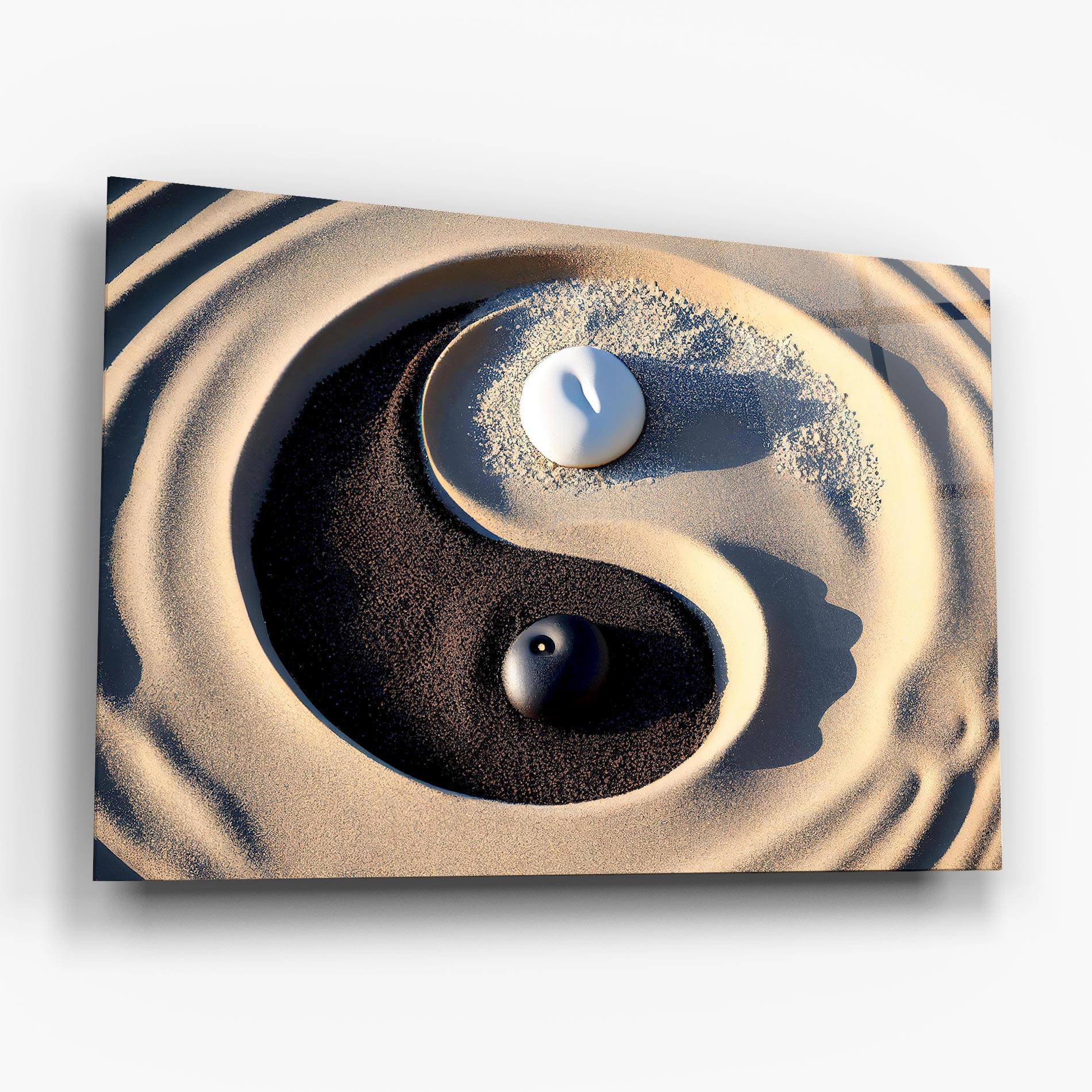 Glasbild Black Sand Yinyang mockup 6