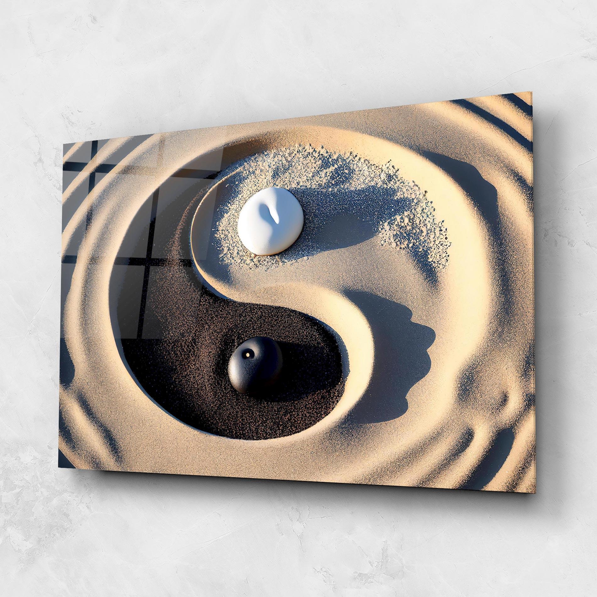 Glasbild Black Sand Yinyang mockup 1