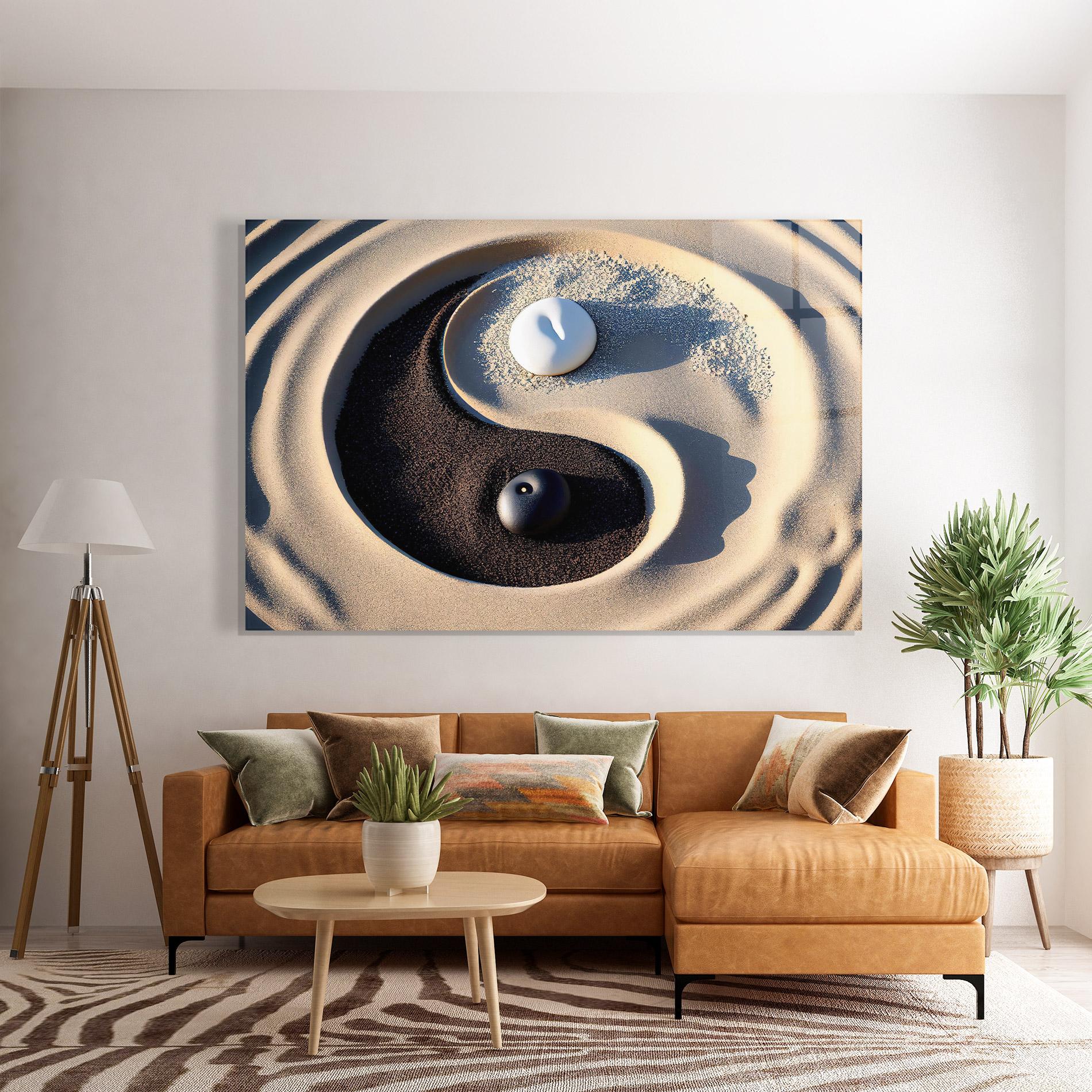 Glasbild Black Sand Yinyang mockup 7