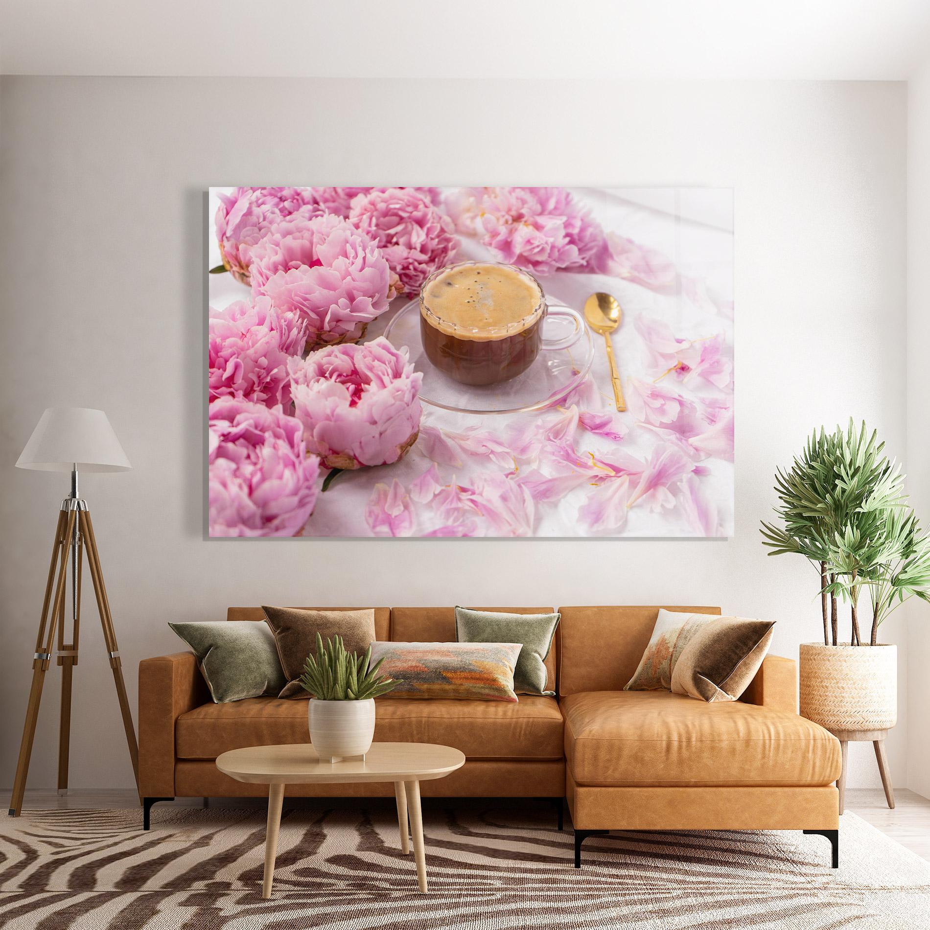 Glasbild Peony And Coffee mockup 7