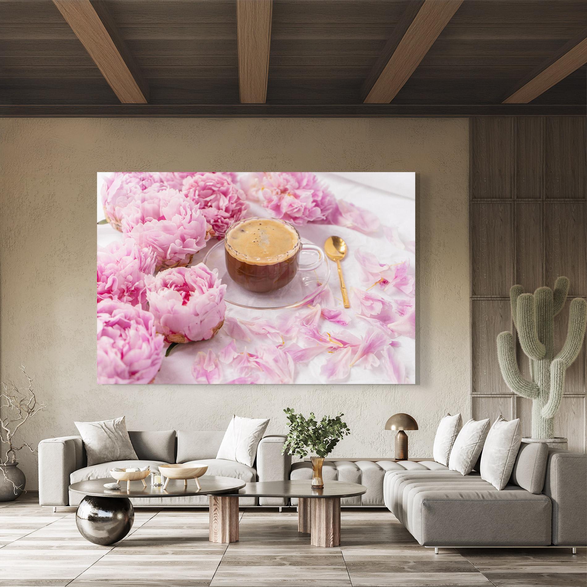 Glasbild Peony And Coffee mockup 8