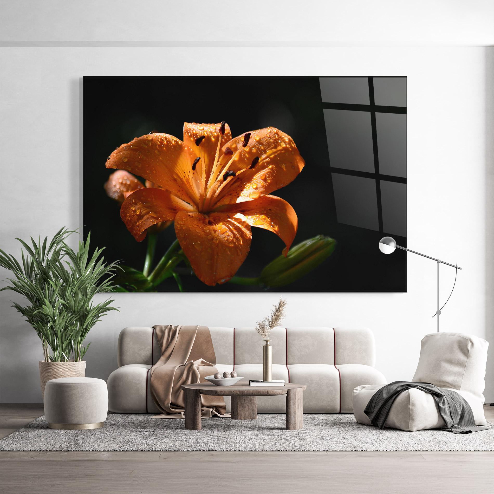 Glasbild Open Orange Lily On Black mockup 9