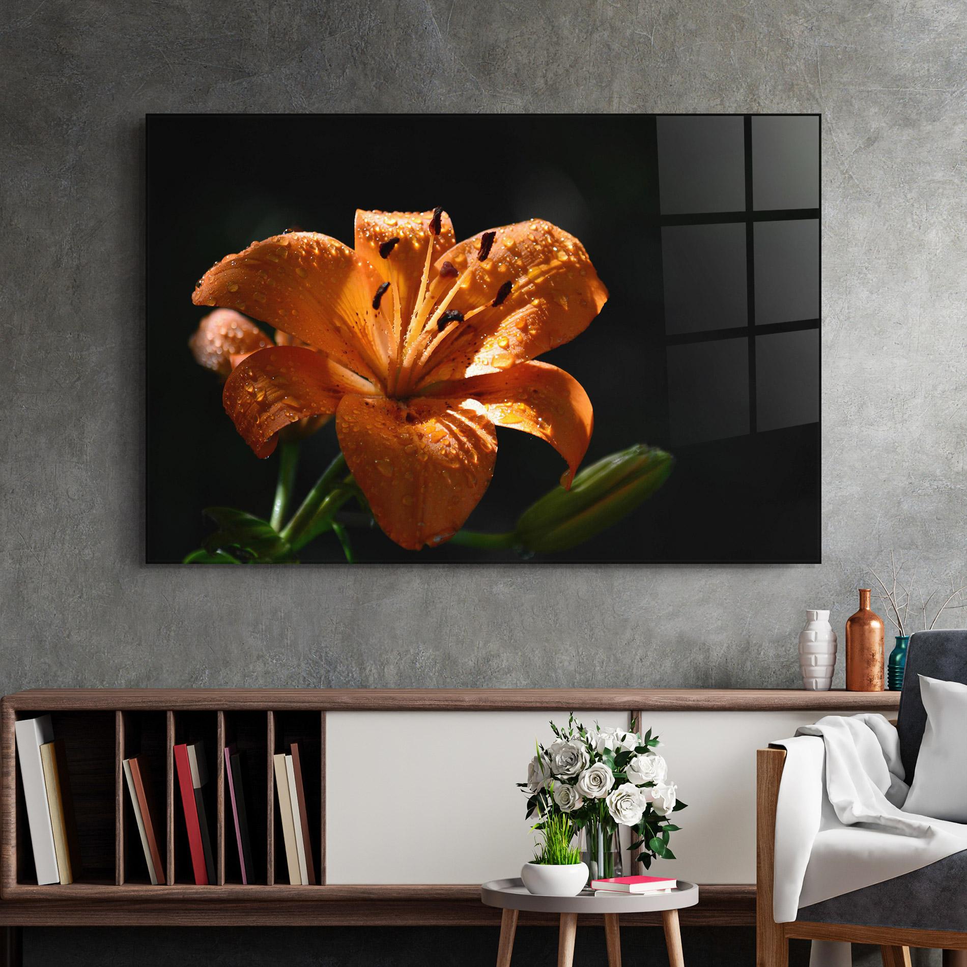 Glasbild Open Orange Lily On Black mockup 2