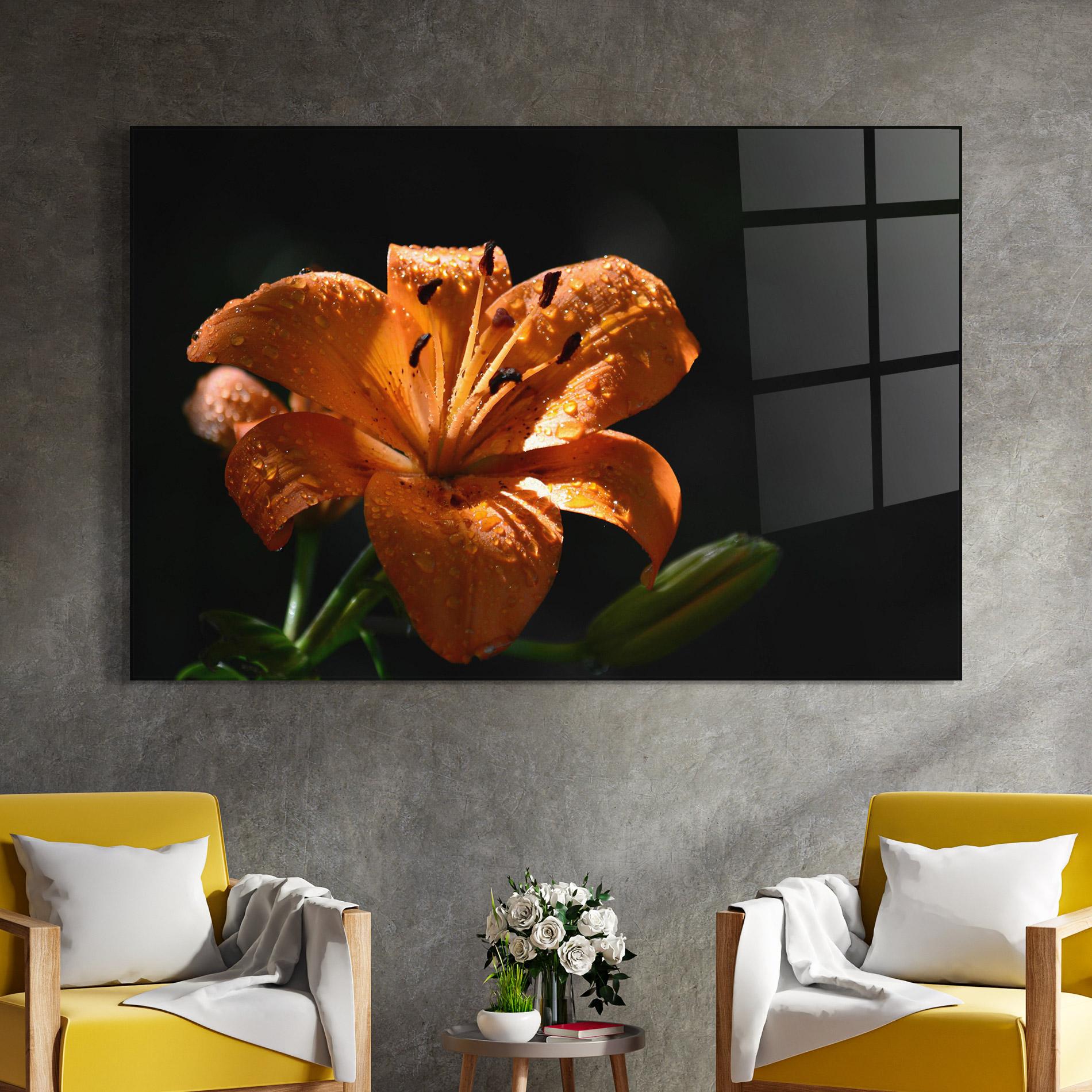 Glasbild Open Orange Lily On Black mockup 4