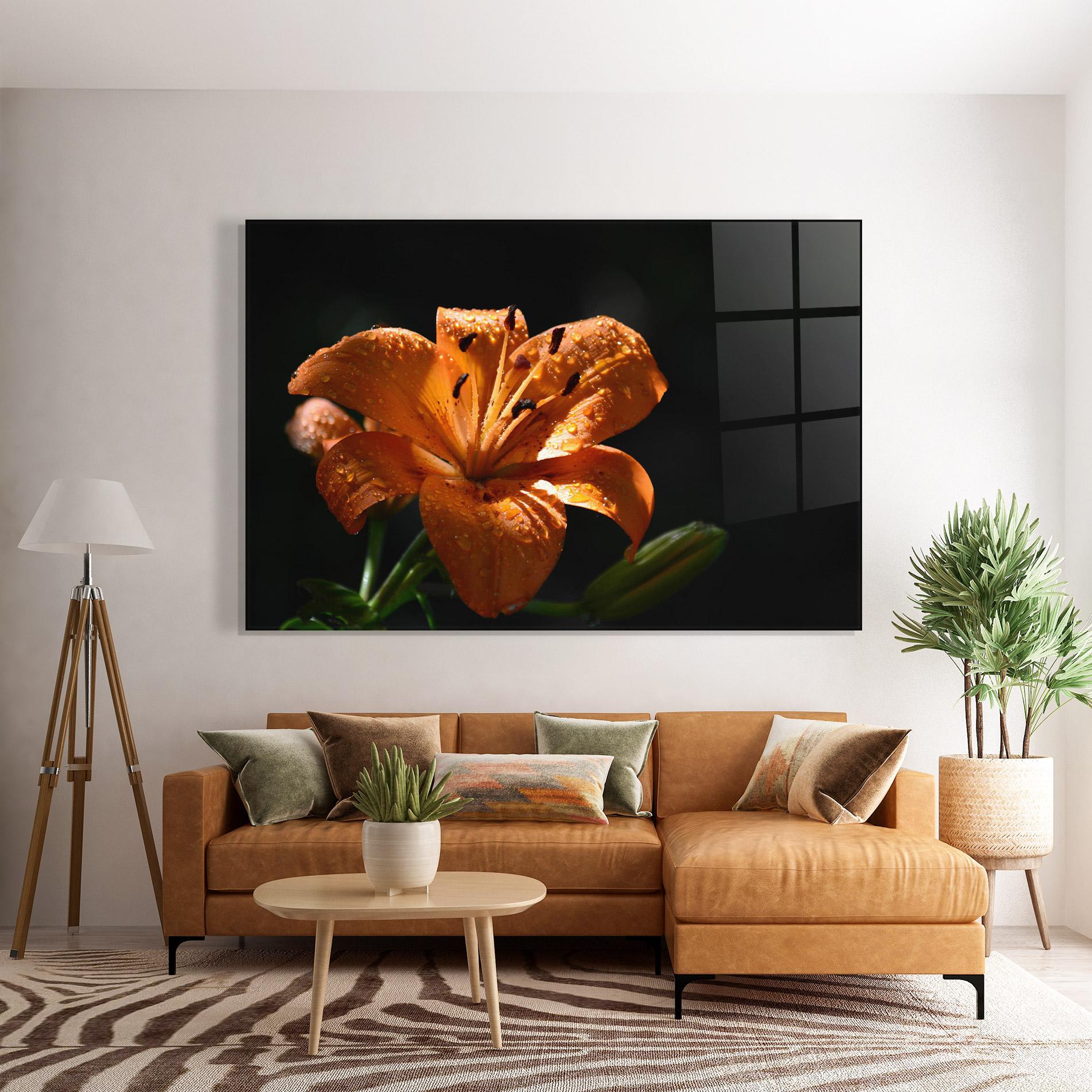 Glasbild Open Orange Lily On Black mockup 7