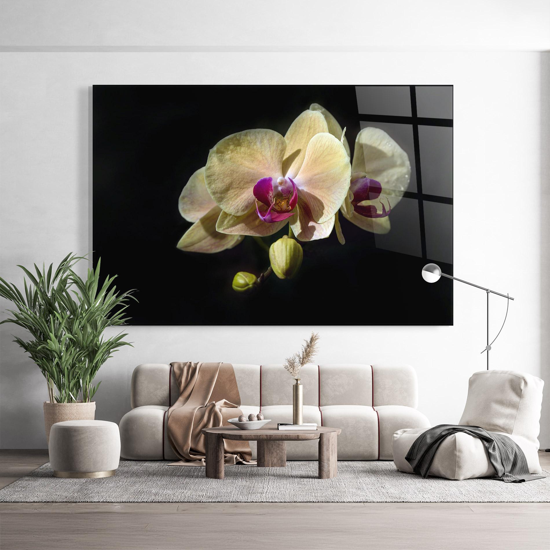 Glasbild Pastel Yellow Orchids mockup 9