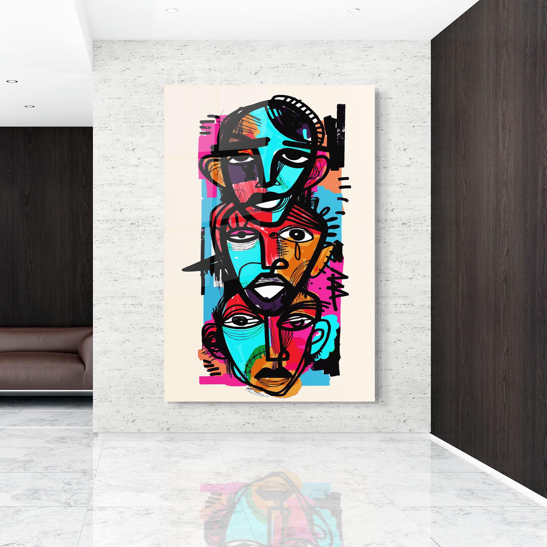 Glasbild Blue Orange Faces mockup 9