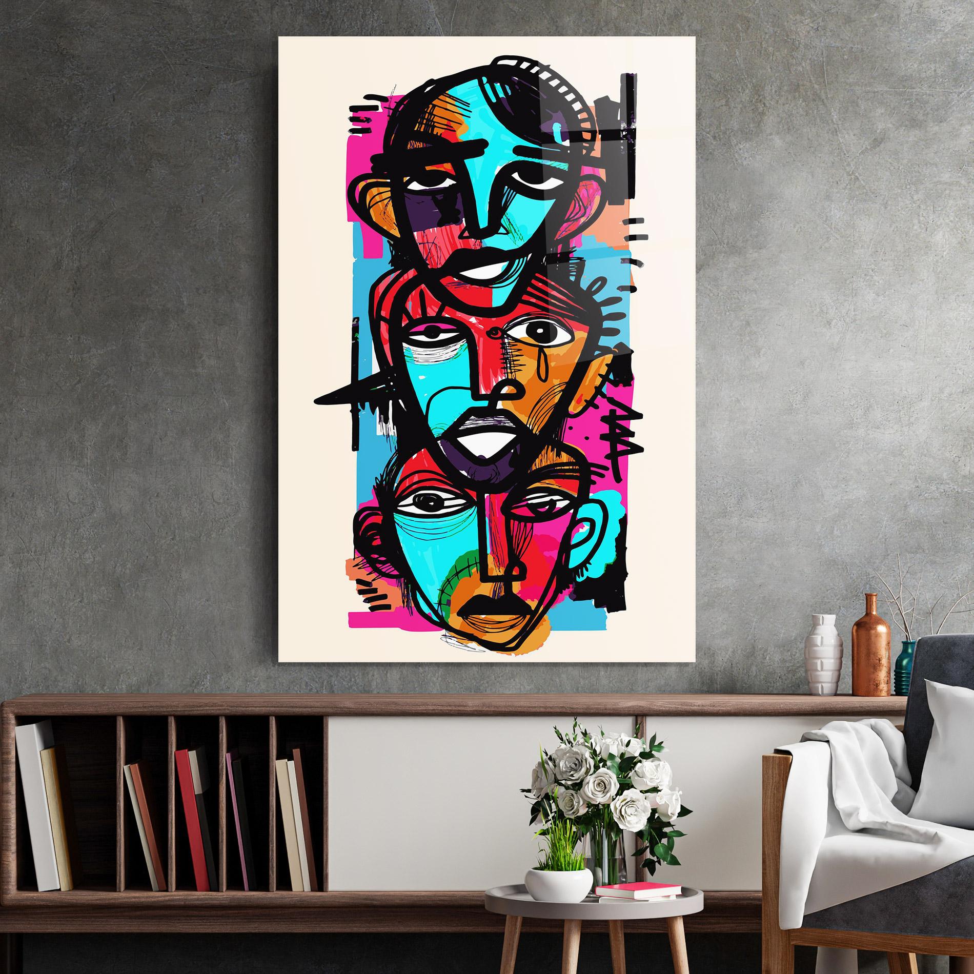 Glasbild Blue Orange Faces mockup 2