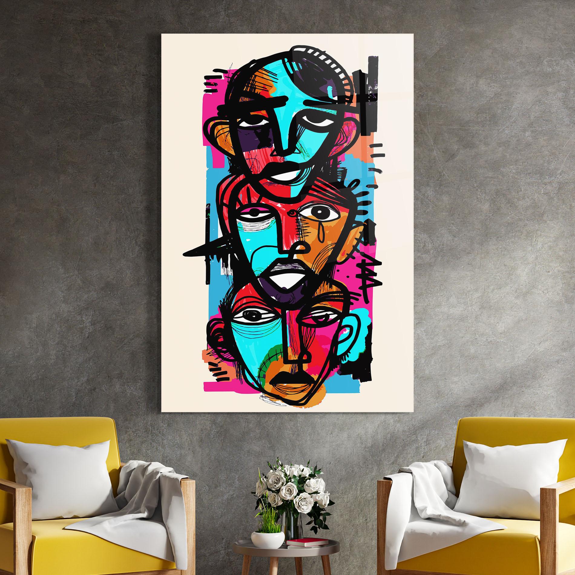 Glasbild Blue Orange Faces mockup 4