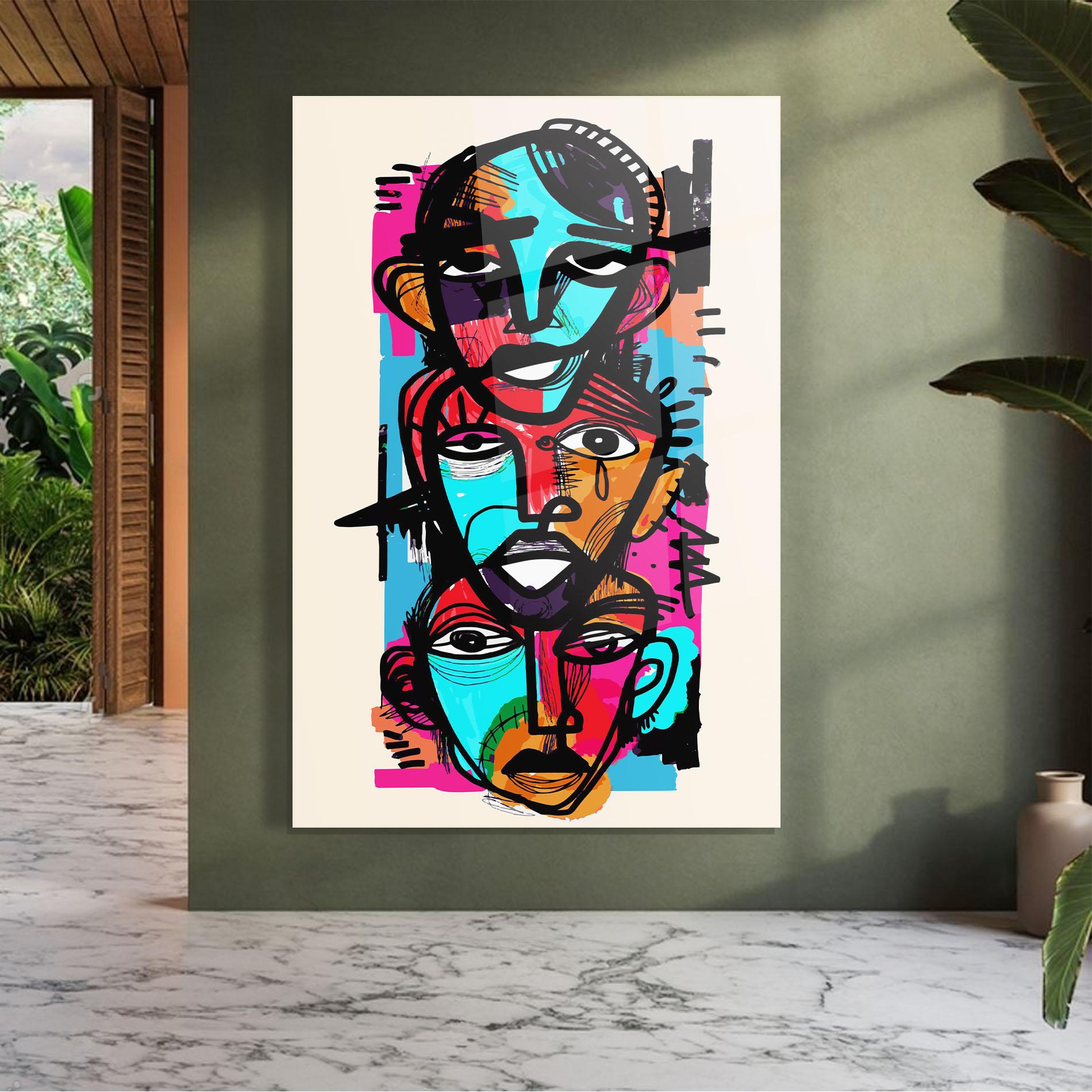 Glasbild Blue Orange Faces mockup 7