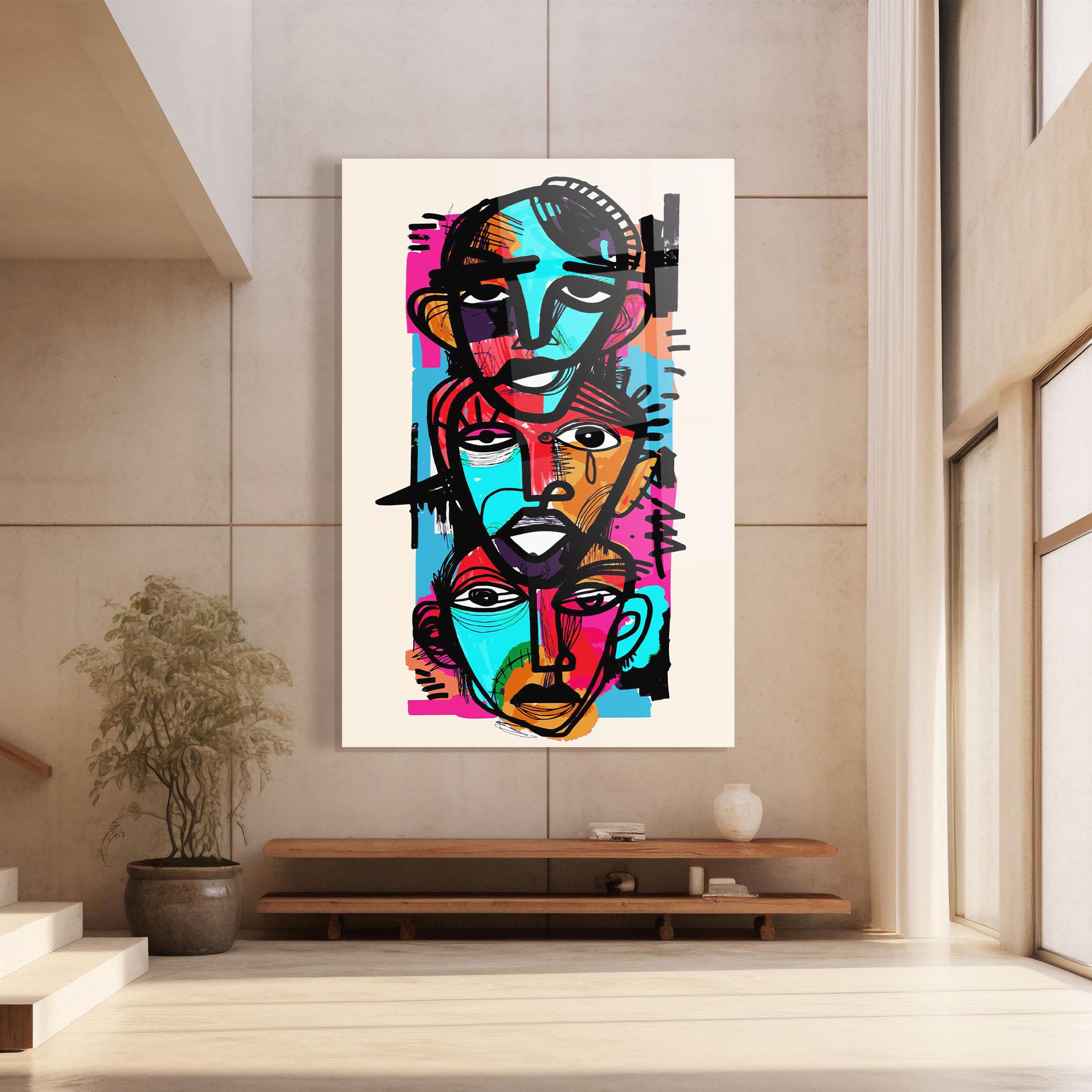 Glasbild Blue Orange Faces mockup 8