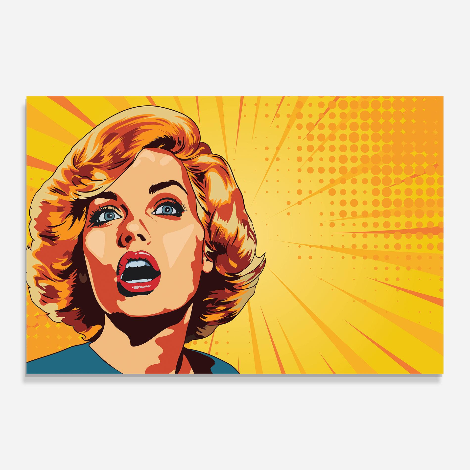 Glasbild Surprised Blonde Lady mockup 0