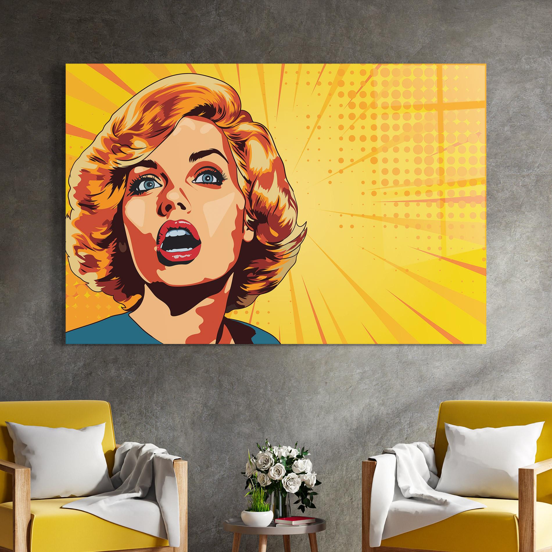 Glasbild Surprised Blonde Lady mockup 4