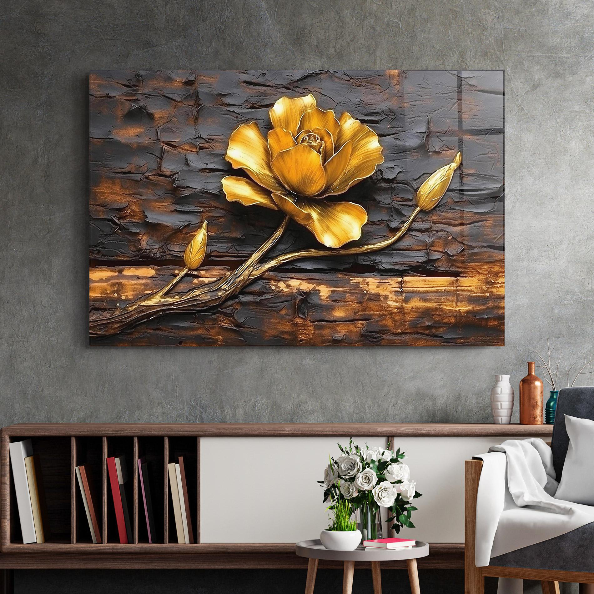 Glasbild Golden Rose On Wood mockup 2