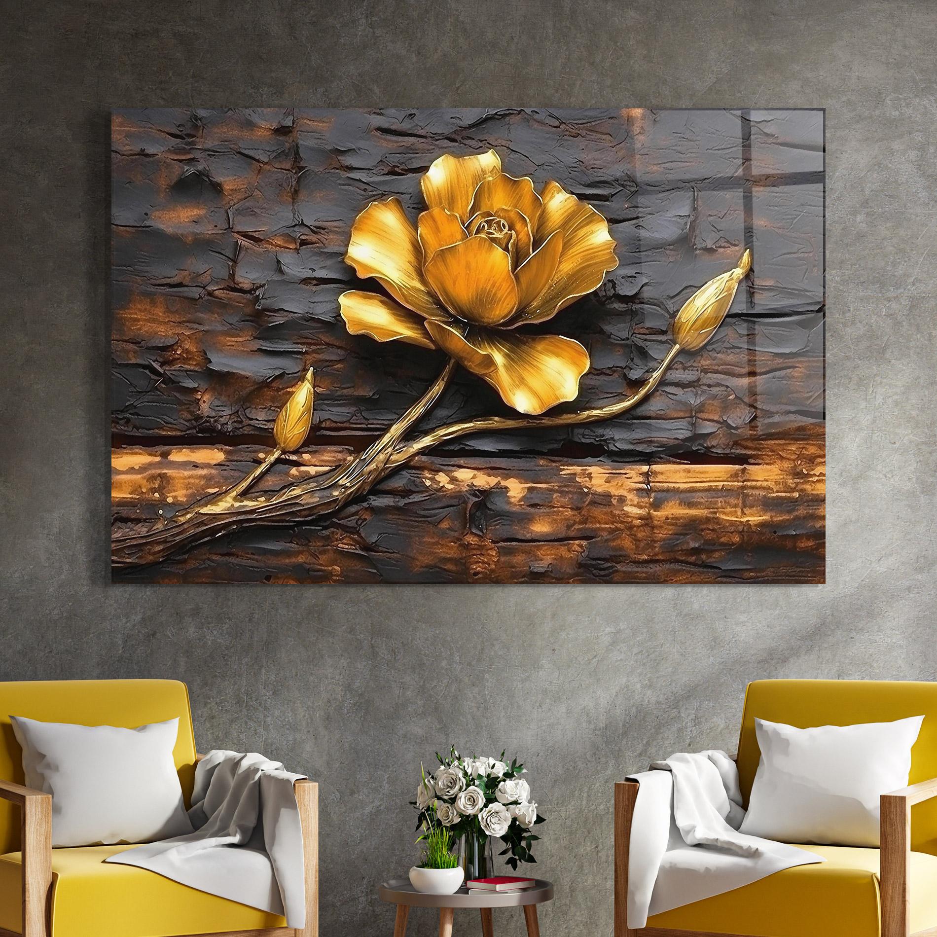 Glasbild Golden Rose On Wood mockup 4