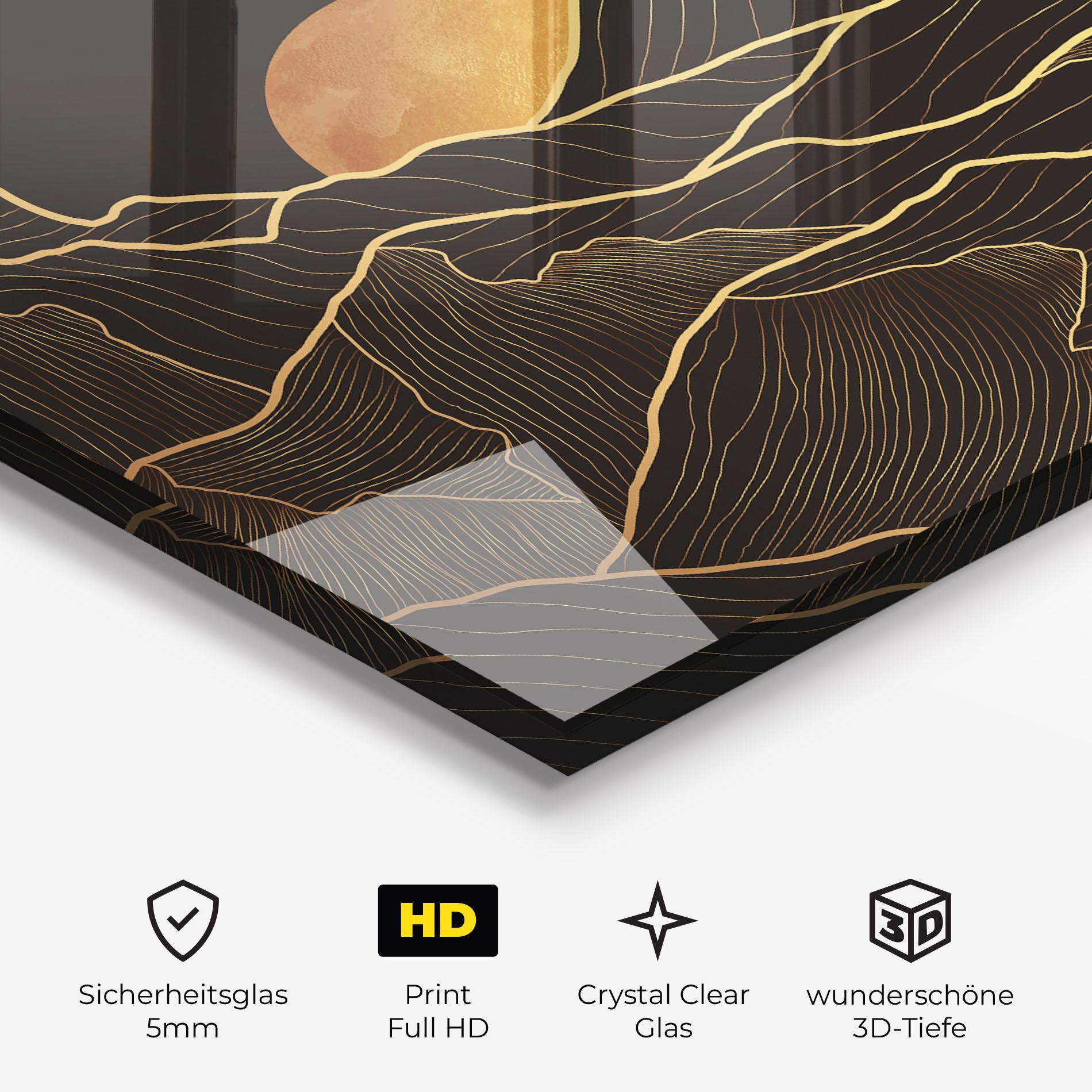 Glasbild Black Gold Mountains mockup 3