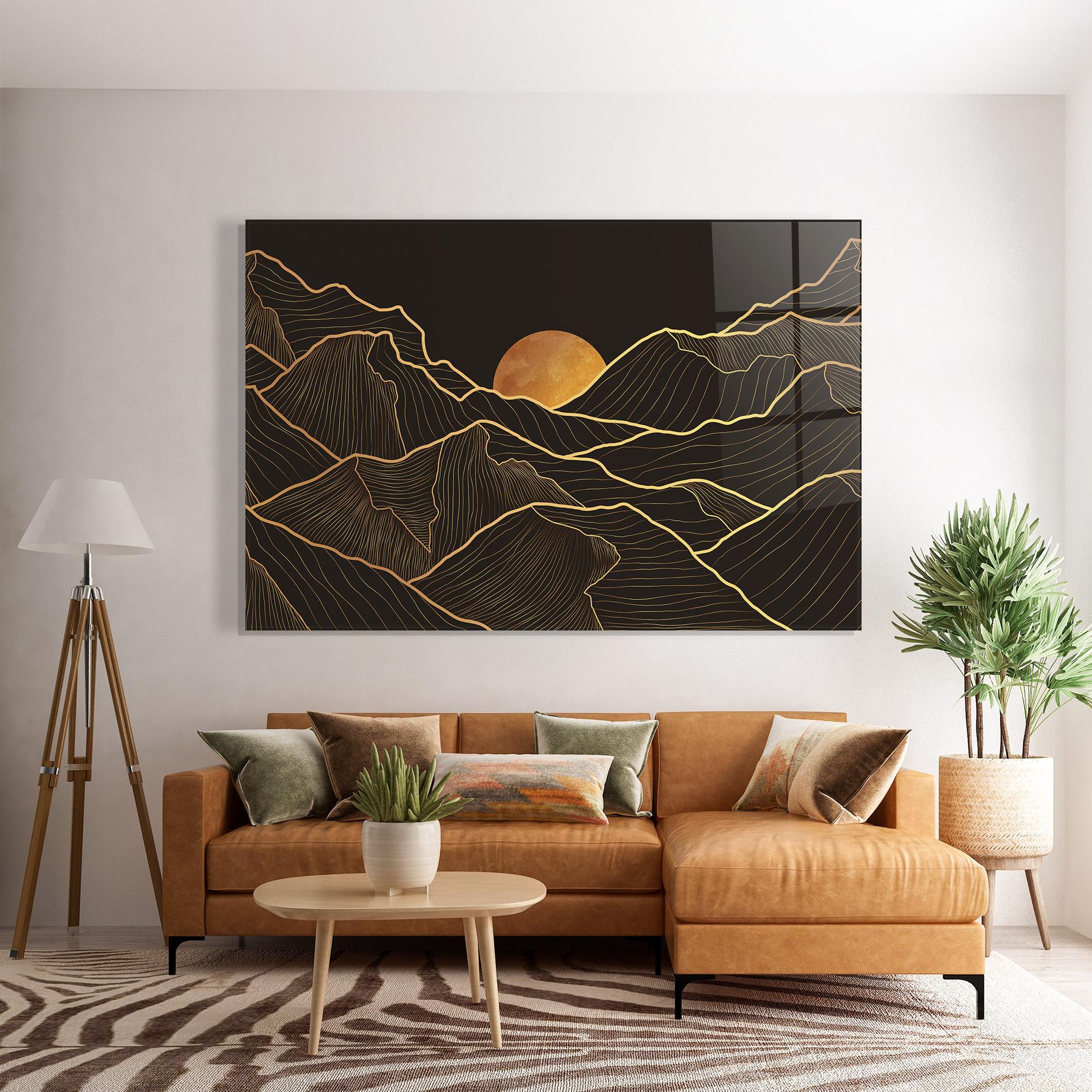 Glasbild Black Gold Mountains mockup 7
