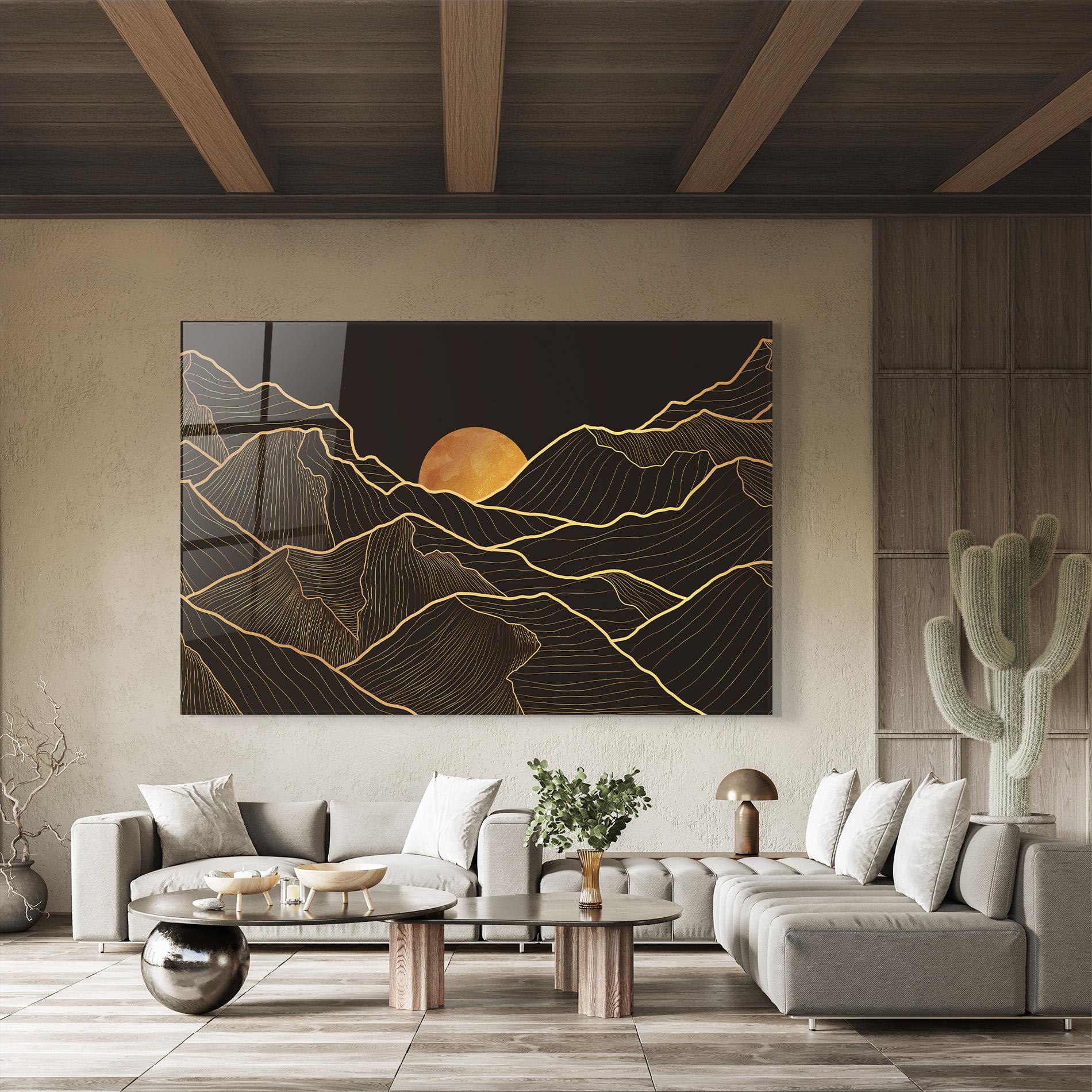 Glasbild Black Gold Mountains mockup 8