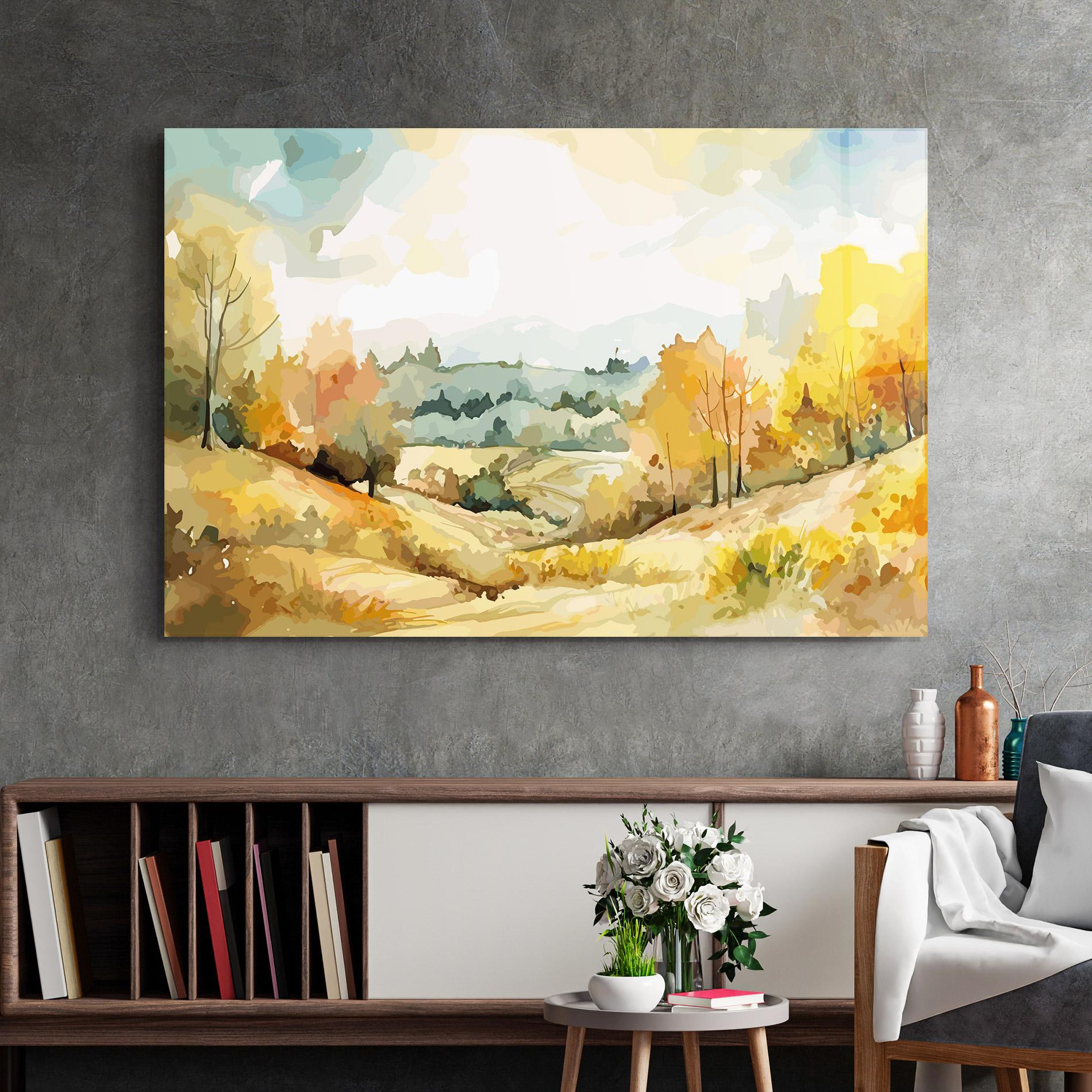 Glasbild Yellow Rural Trees mockup 2